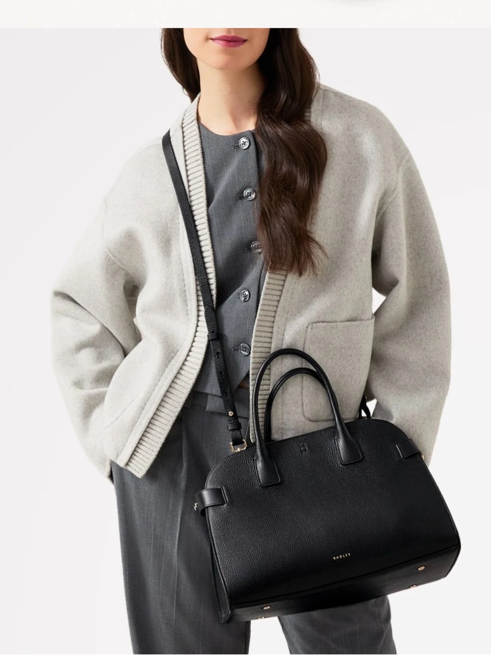 RADLEY LONDON Black Pebble Leather Satchel with Shoulder Strap